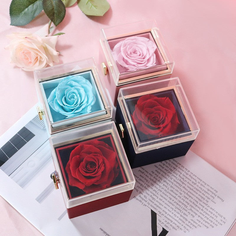 Rosa Spin - Eternally Preserved Rotating Rose Box - W Engraved Heart Necklace